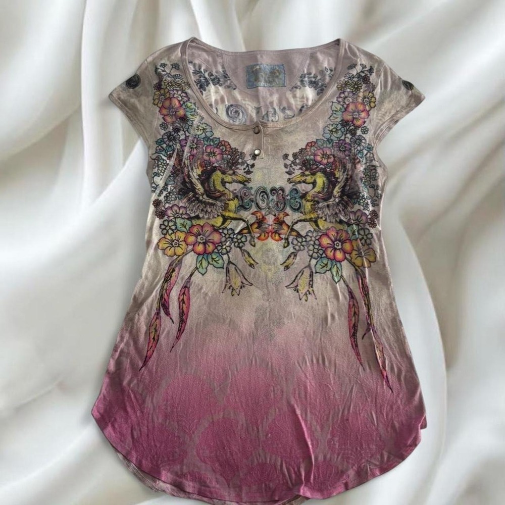 Y2K vintage Butterfly Dropout rhinestone graphic henley babytee euro‎ top